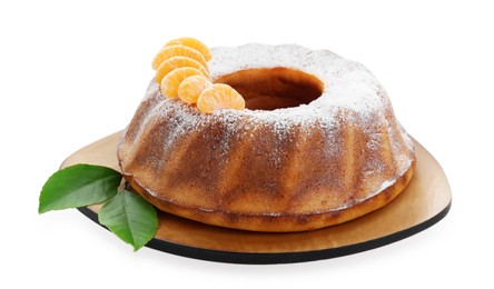 Photo of Homemade yogurt cake with tangerines, powdered sugar and green leaves on white background