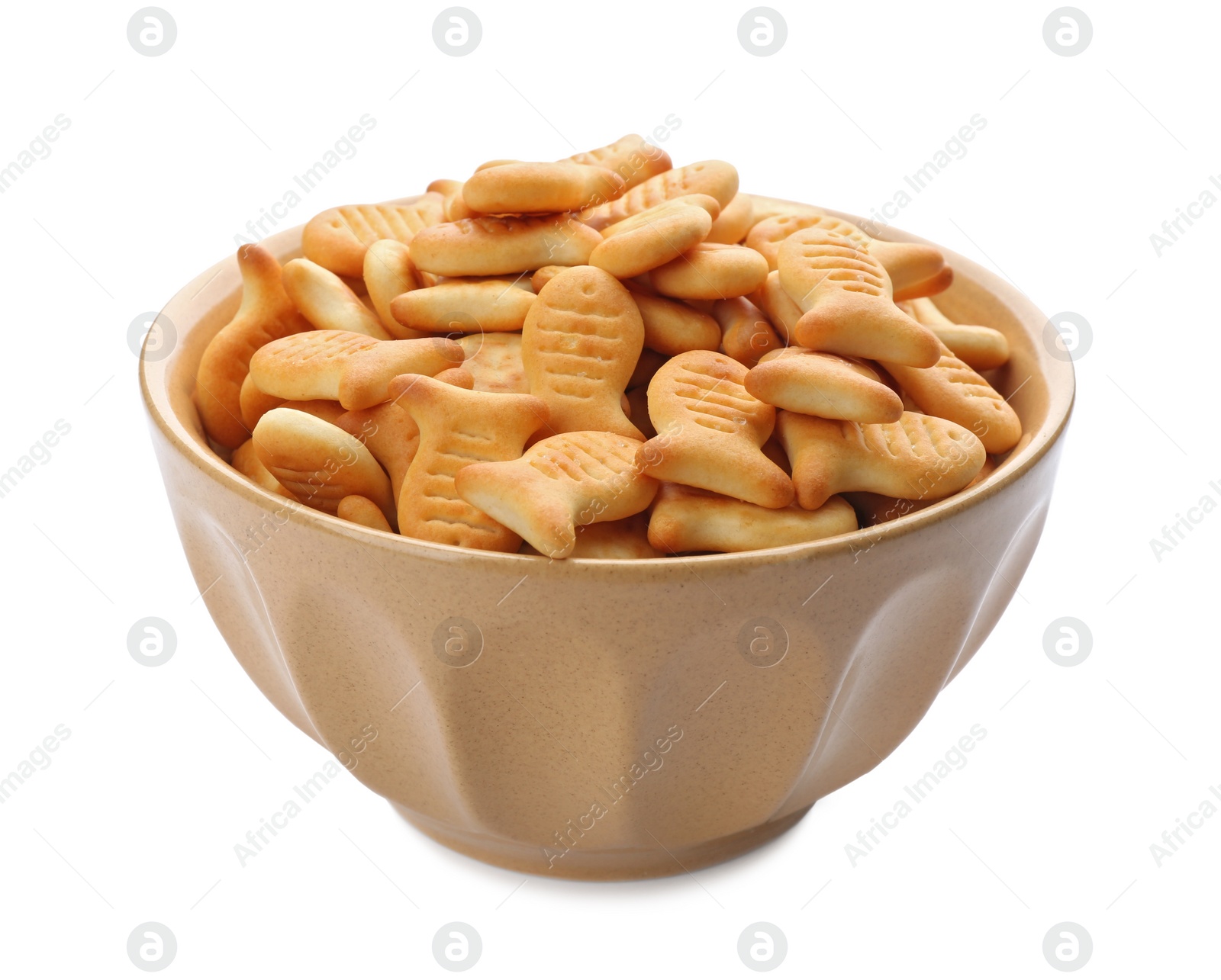 Photo of Delicious goldfish crackers in bowl isolated on white