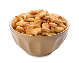 Photo of Delicious goldfish crackers in bowl isolated on white