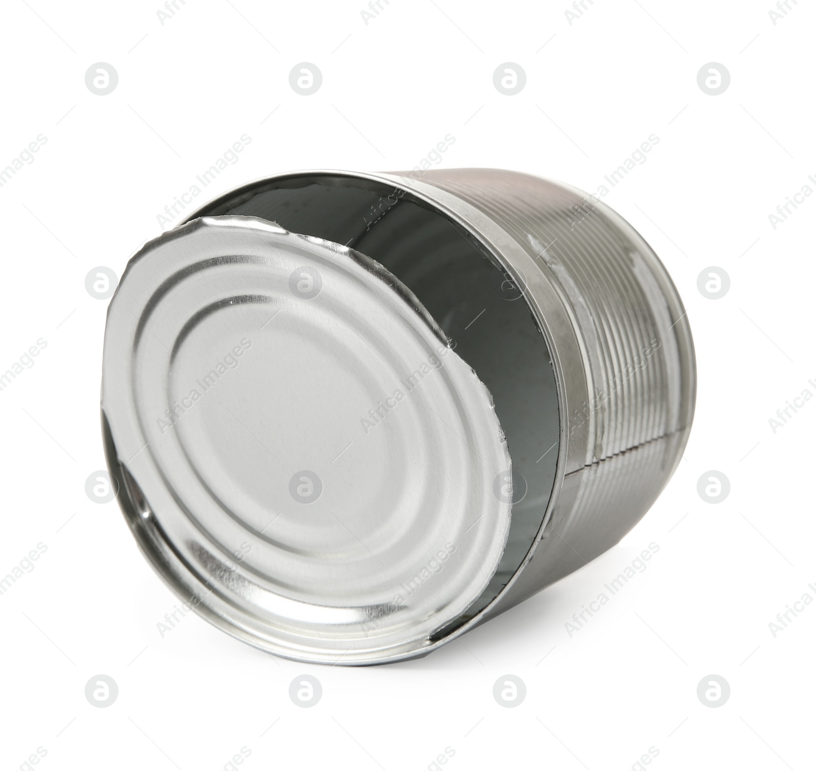 Photo of Open shiny tin can isolated on white