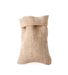 Photo of Small hemp bag on white background. Organic material