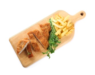 Delicious cut schnitzel with french fries and microgreens on white background, top view