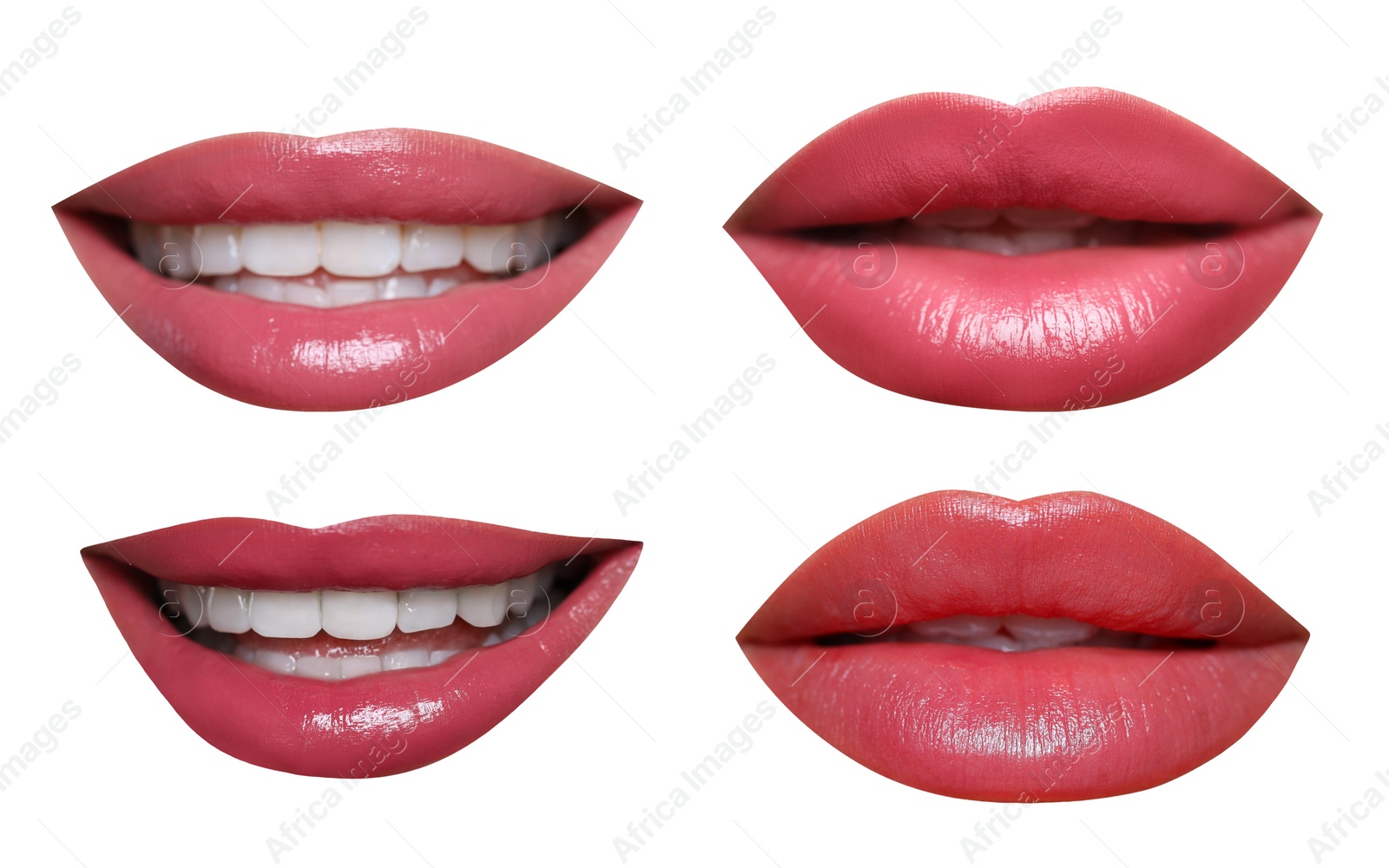 Image of Attractive lips with beautiful lipsticks isolated on white, collage