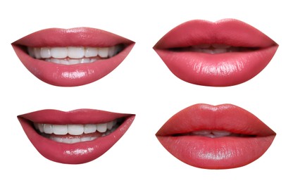 Attractive lips with beautiful lipsticks isolated on white, collage