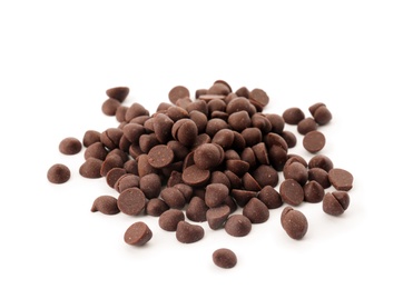 Photo of Pile of delicious dark chocolate chips on white background