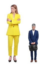 Image of Displeased giant woman and sad small man on white background