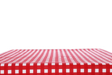 Table with red checkered tablecloth isolated on white