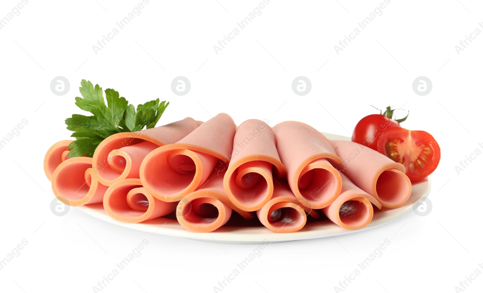 Photo of Slices of delicious boiled sausage with parsley and tomatoes on white background