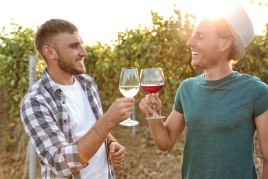 Photo of Friends tasting wine and having fun on vineyard picnic