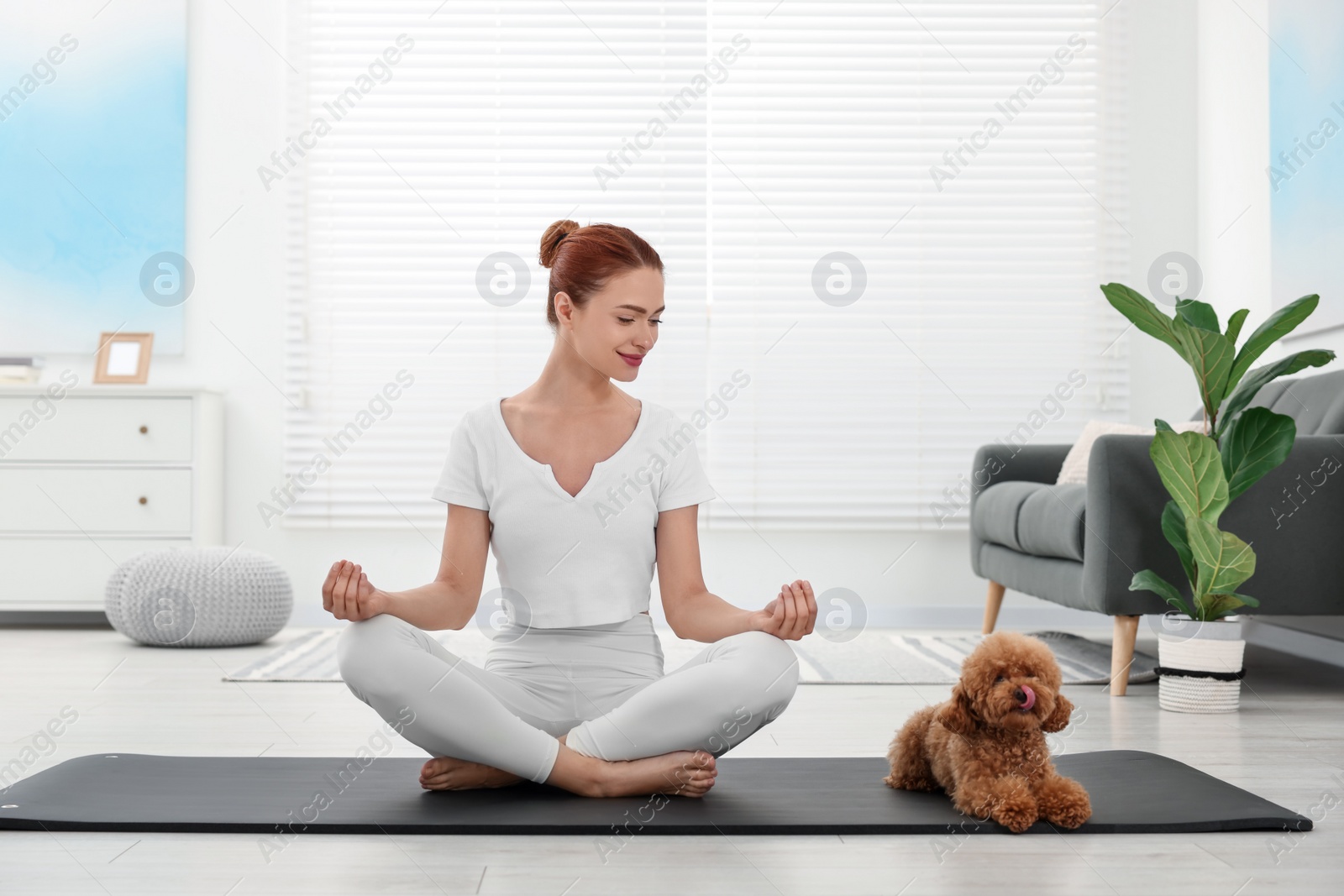 Photo of Young woman practicing yoga on mat with her cute dog at home