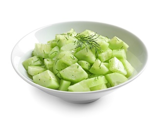 Photo of Delicious cucumber salad with dill in bowl on white background