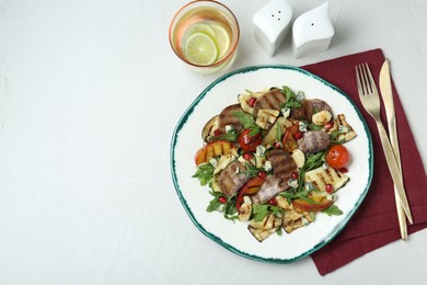 Delicious salad with beef tongue, grilled vegetables, peach and blue cheese on white table, flat lay. Space for text