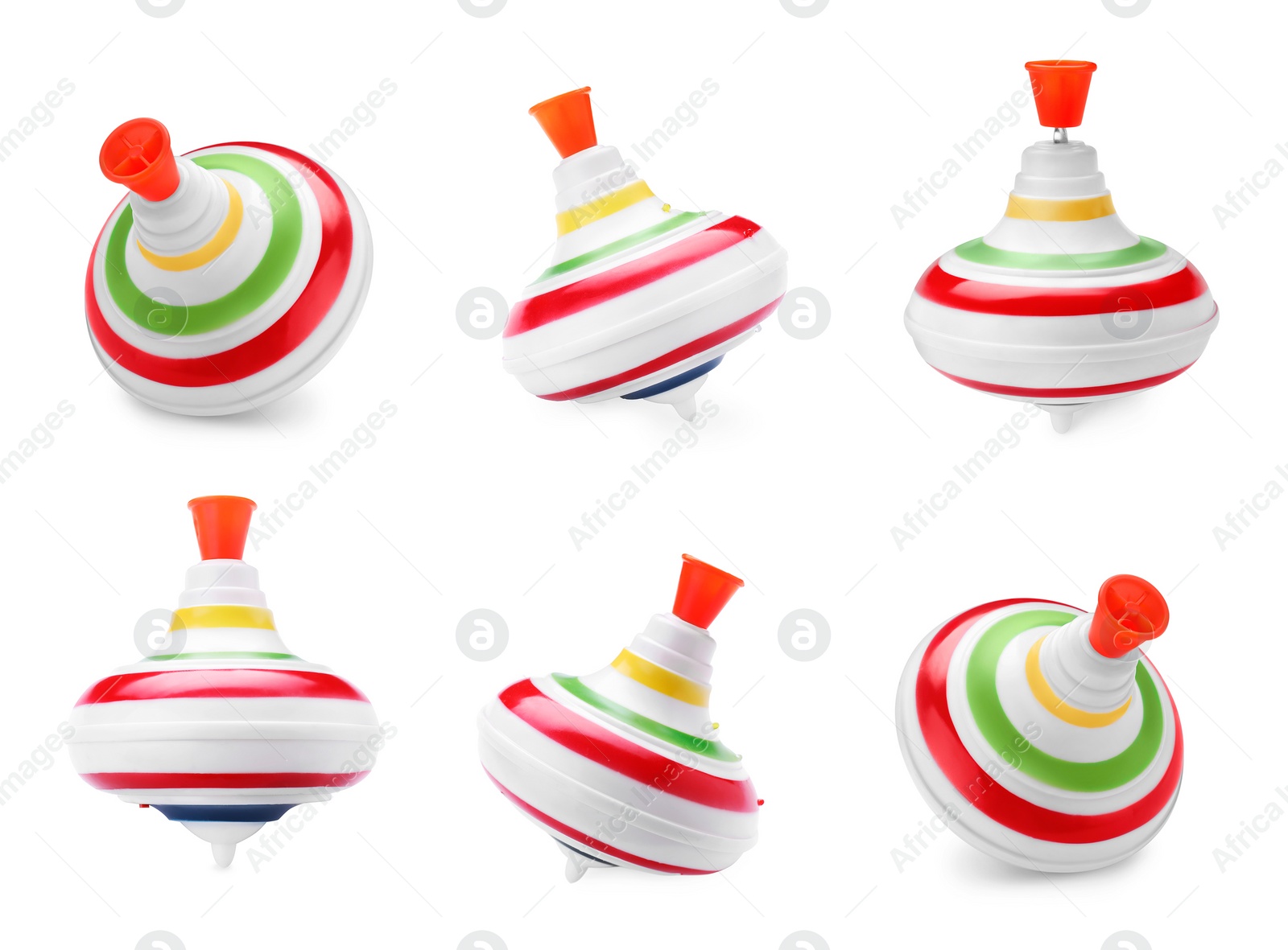 Image of Colorful spinning tops isolated on white. Toy whirligig