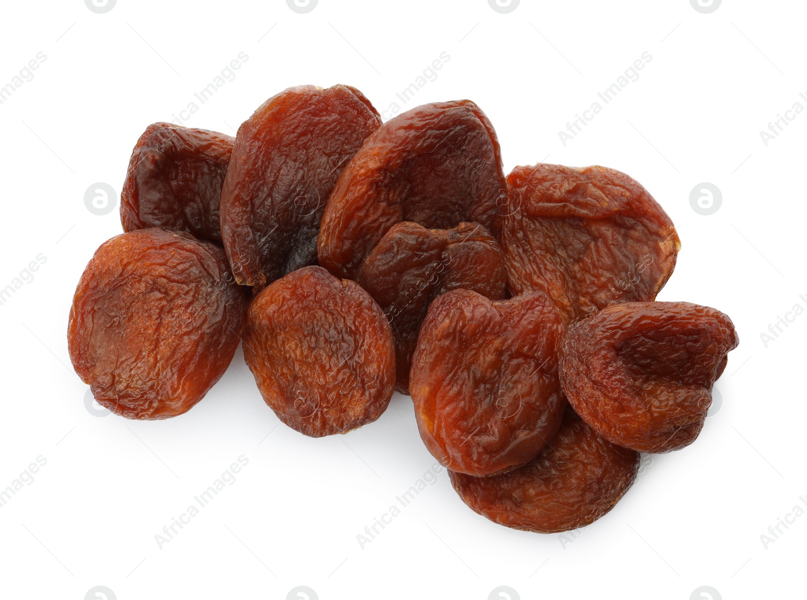 Photo of Tasty dried apricots on white background, top view