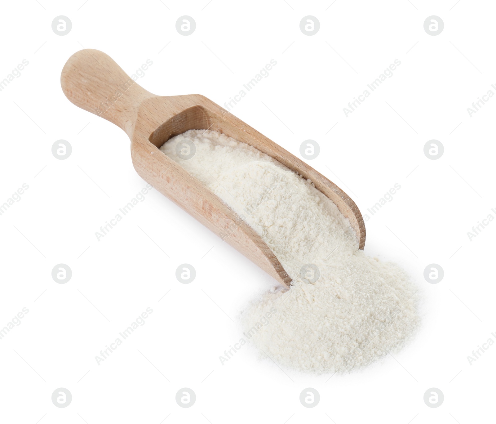 Photo of Baking powder and scoop isolated on white