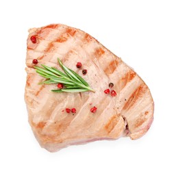 Delicious tuna steak with rosemary and spices isolated on white, top view