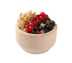 Photo of Bowl with fresh red, white and black currants isolated on white