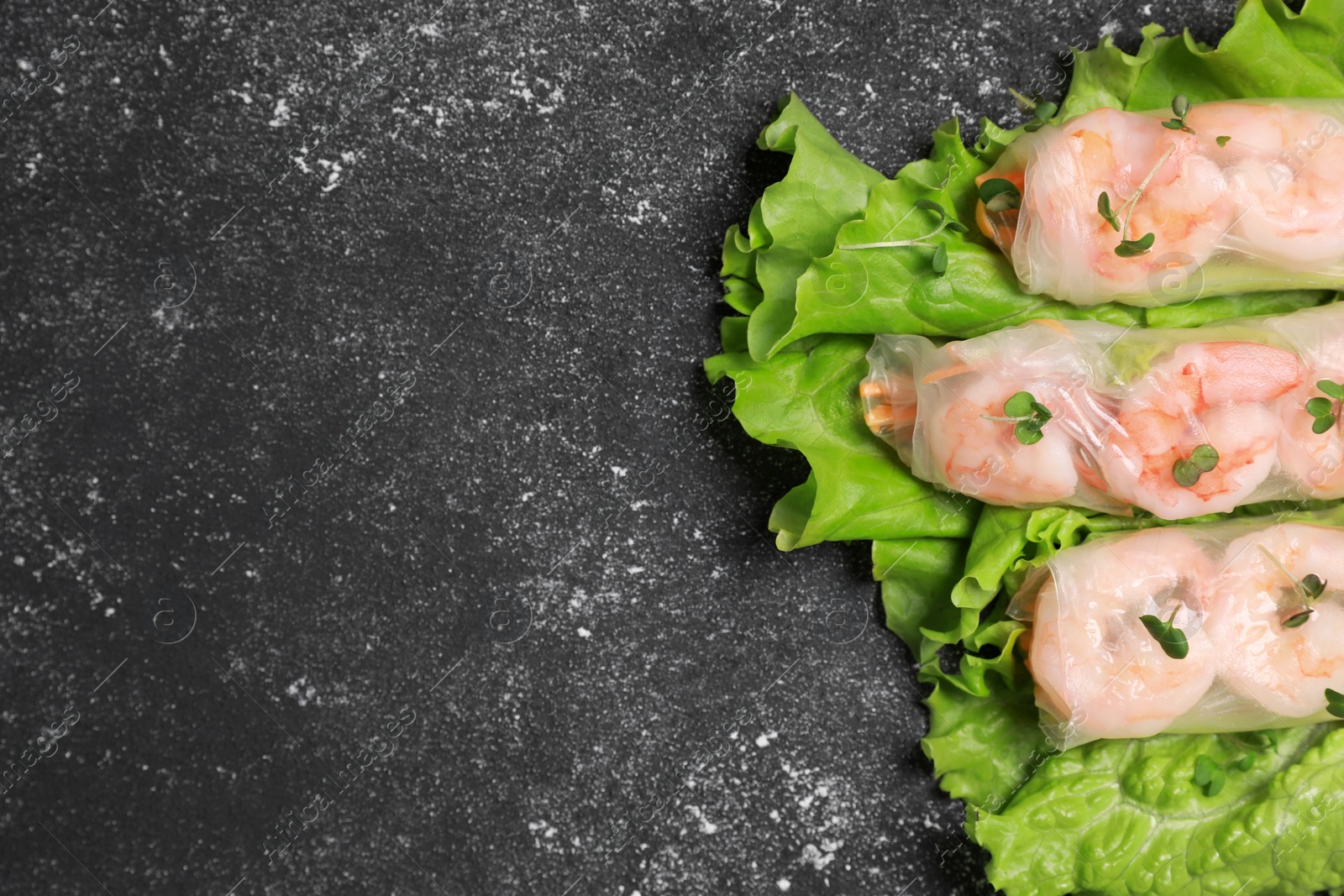 Photo of Tasty spring rolls served with lettuce and microgreens on grey textured table, top view. Space for text