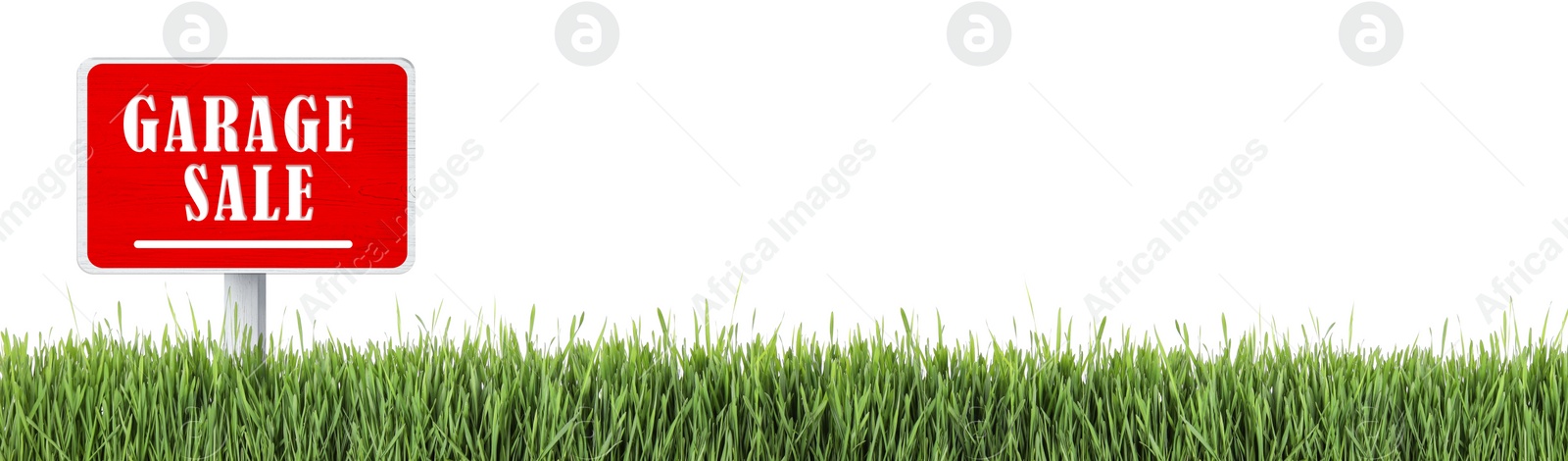 Image of Sign with phrase GARAGE SALE in green grass on white background, banner design 