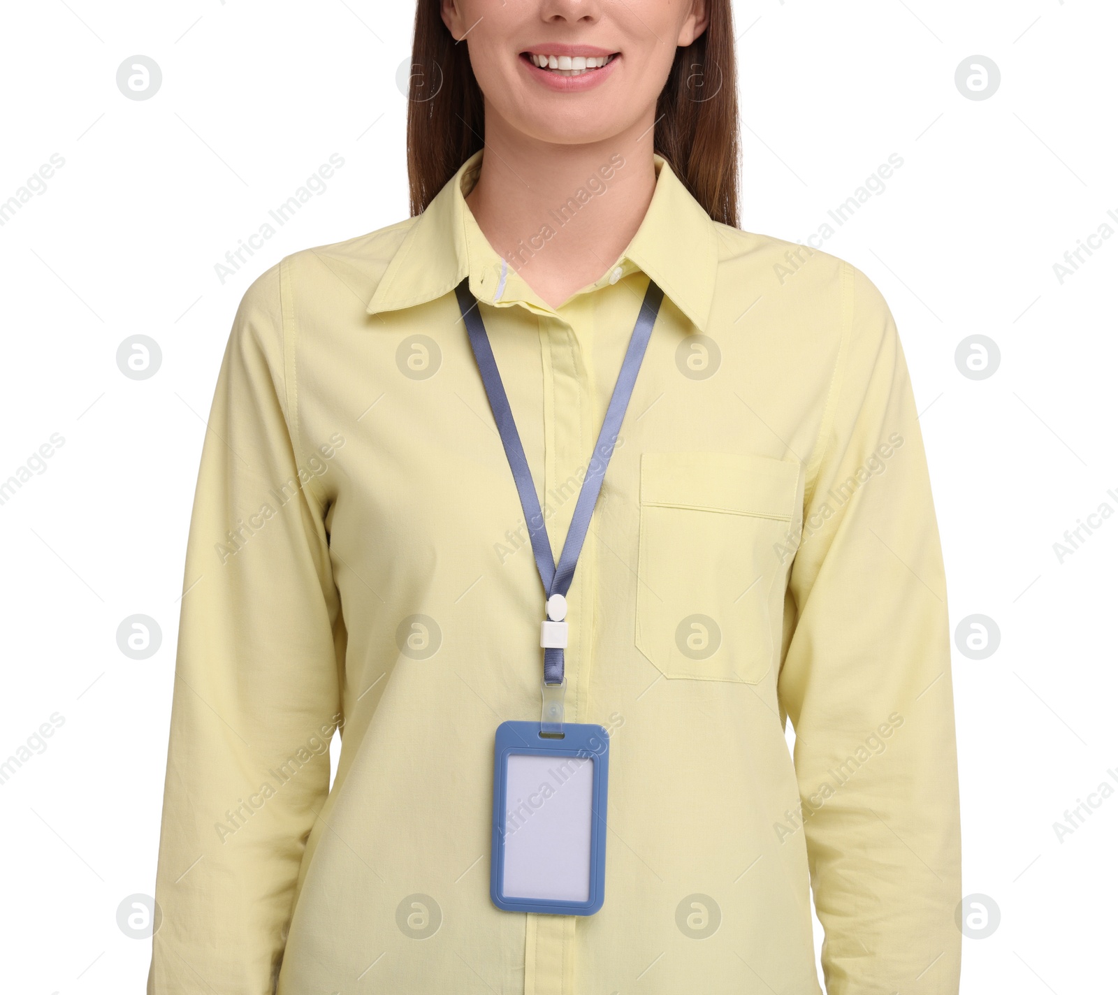 Photo of Woman with blank badge on white background, closeup