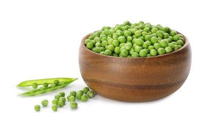 Fresh raw green peas in wooden bowl on white background