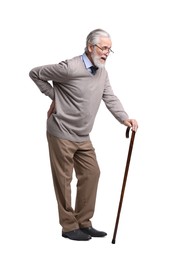 Photo of Senior man with walking cane suffering from back pain on white background