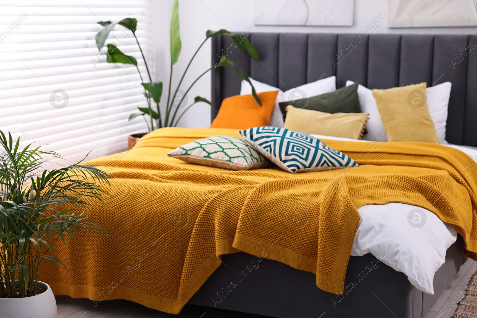 Photo of Bright plaid and colorful pillows on bed in stylish bedroom. Interior design