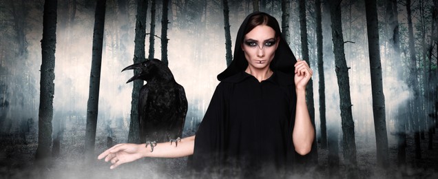 Image of Mysterious witch with raven in foggy forest, banner design. Fantasy world