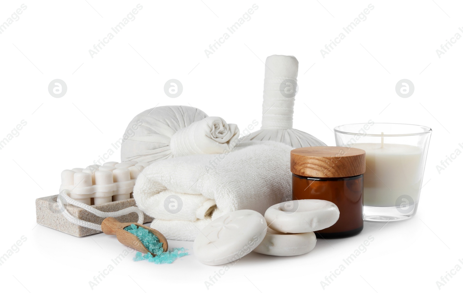 Photo of Beautiful composition with different spa products on white background