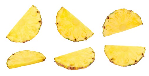 Image of Set with slices of juicy pineapple on white background