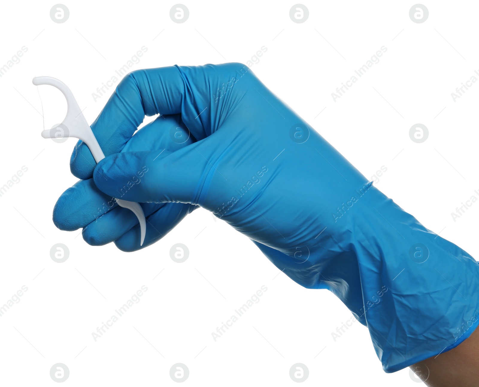 Photo of Specialist holding dental floss pick on white background. Mouth and teeth care