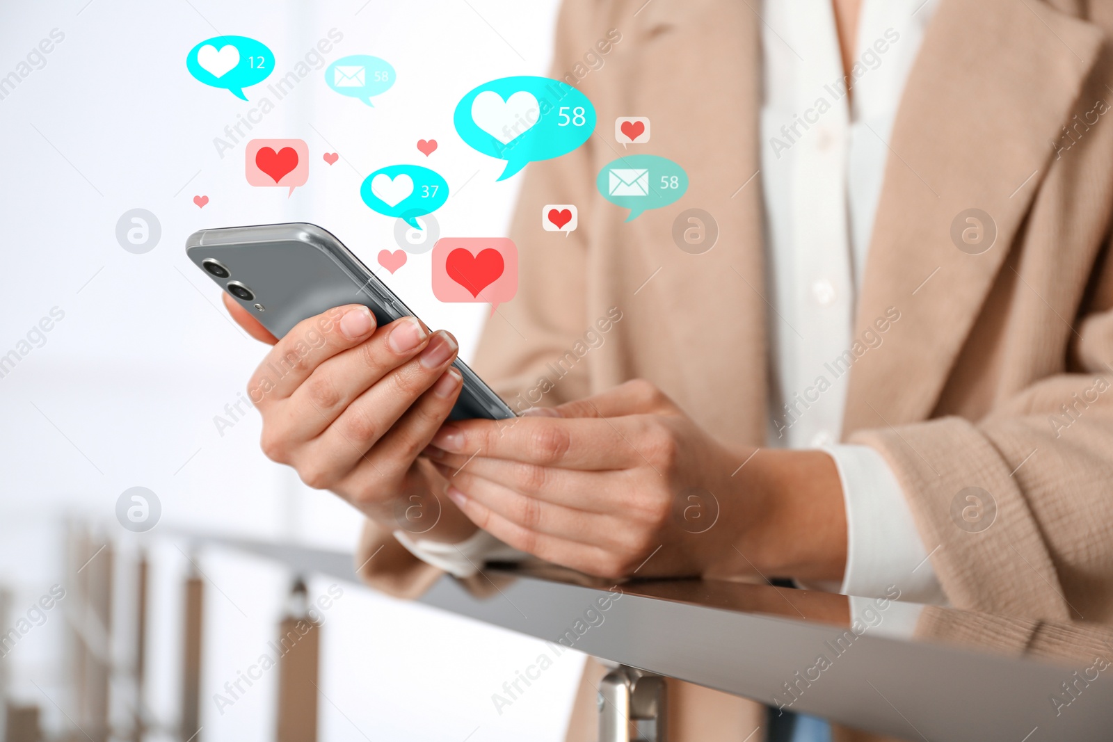 Image of Young woman using smartphone indoors, closeup. Social media