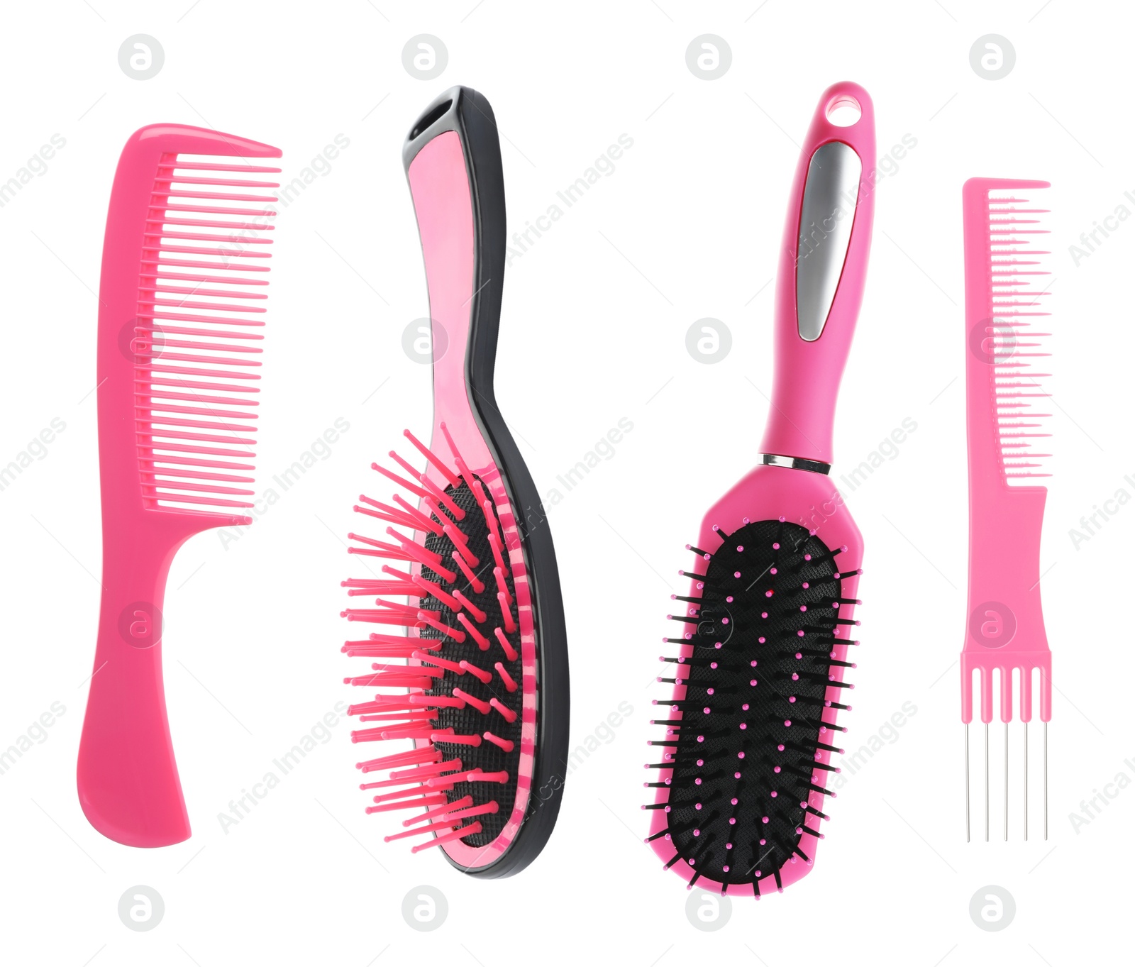 Image of Set with different hair brushes and combs on white background