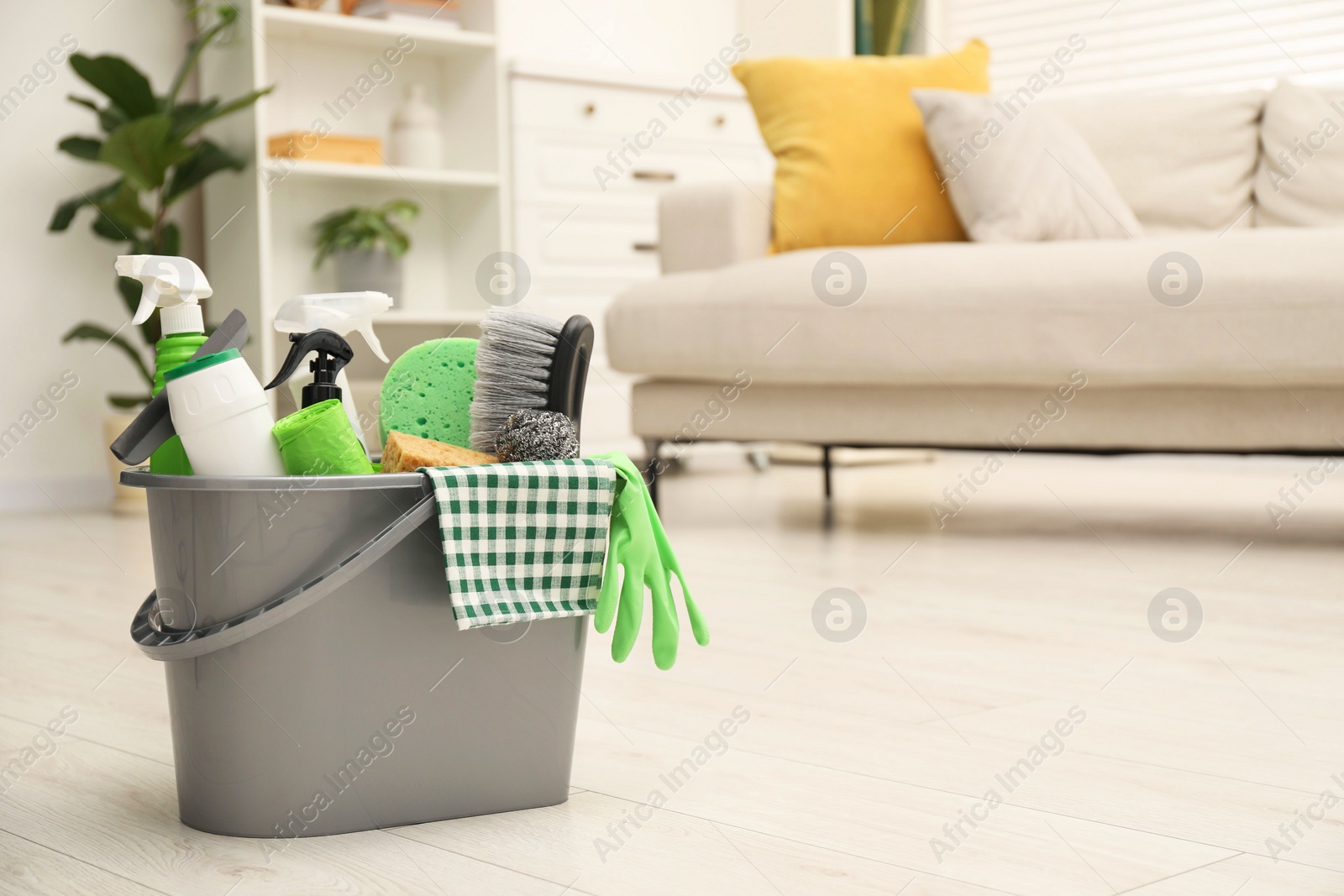 Photo of Different cleaning supplies in bucket on floor at home, space for text