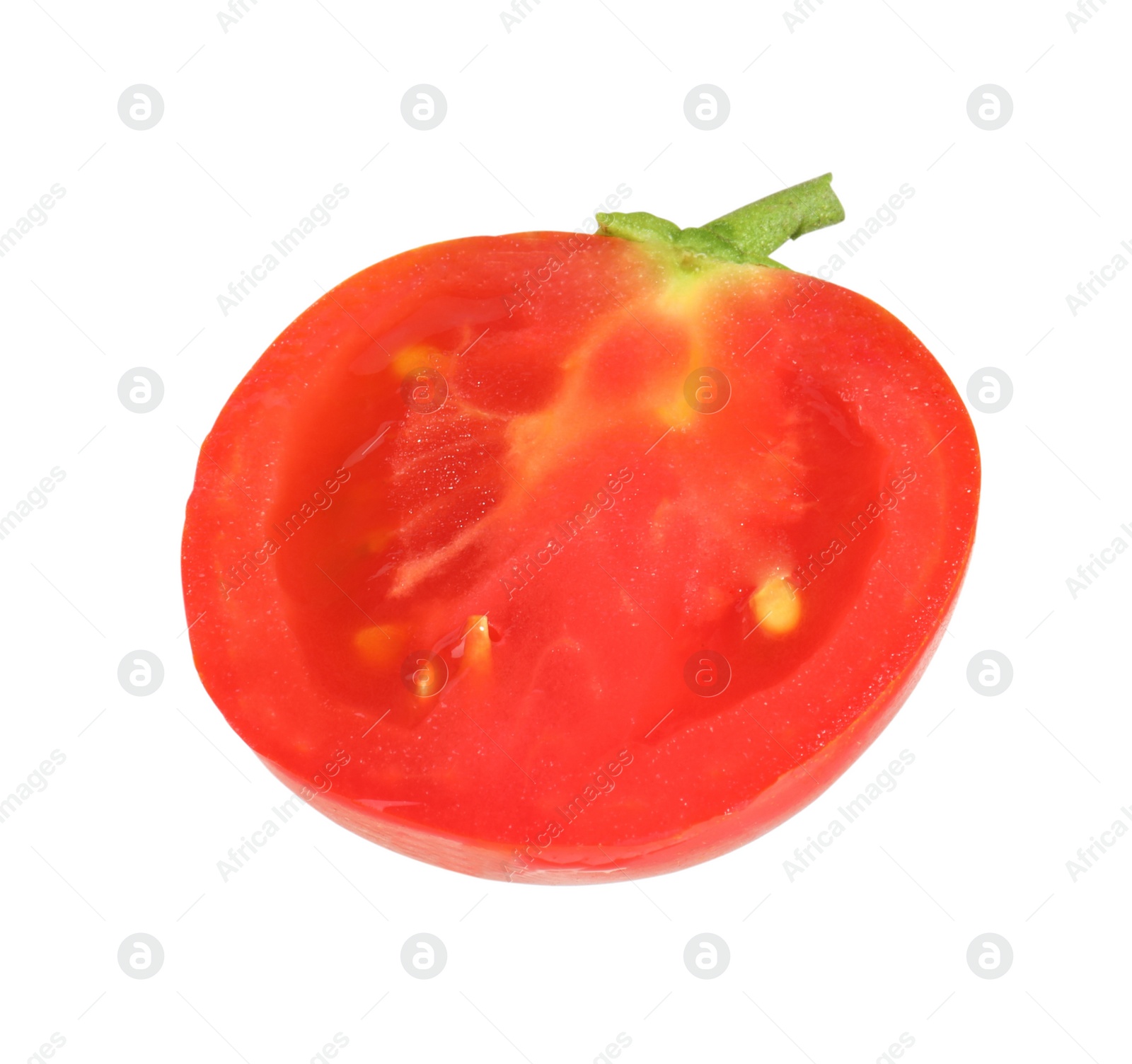 Photo of Half of ripe cherry tomato isolated on white