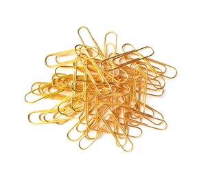 Photo of Heap of paper clips on white background. School stationery