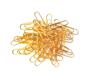 Heap of paper clips on white background. School stationery