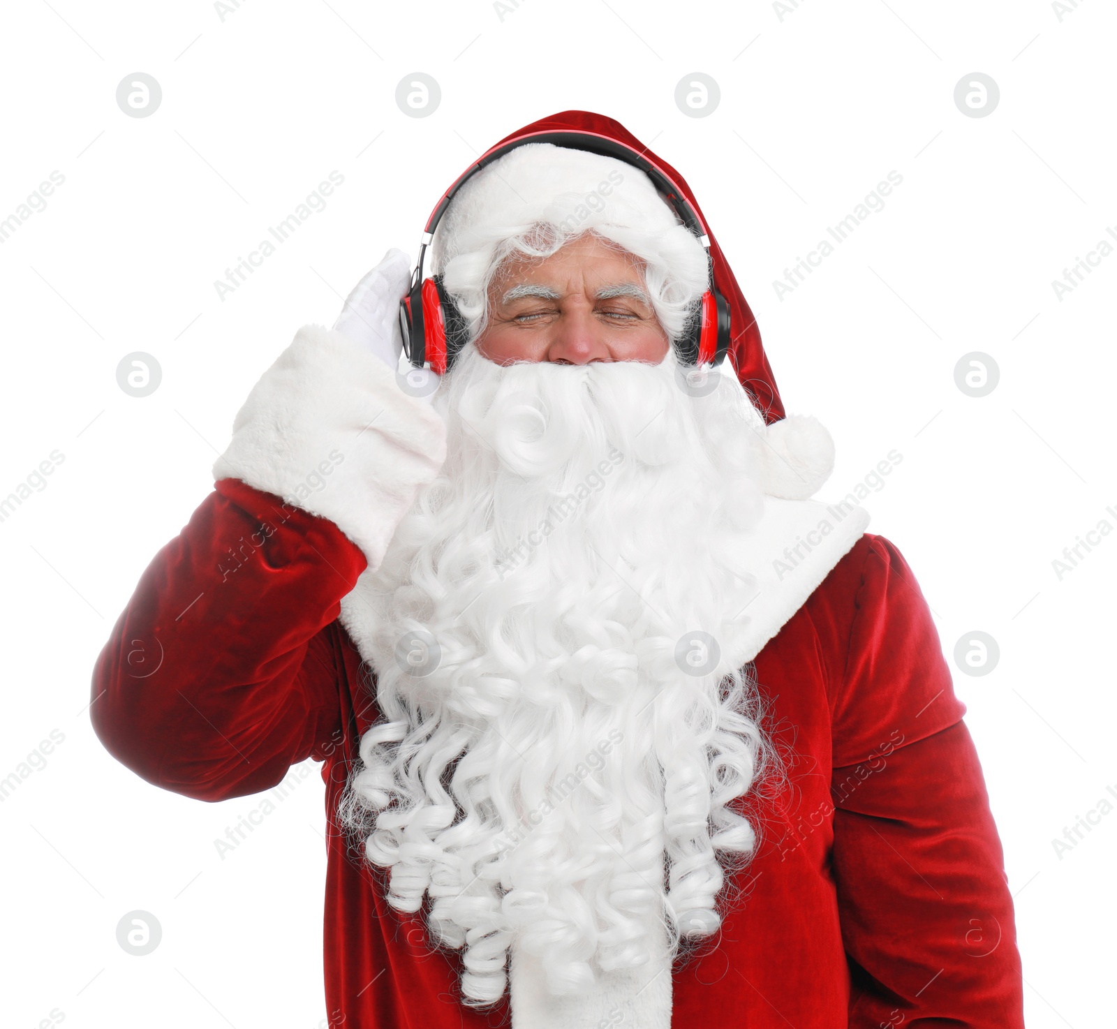 Photo of Santa Claus listening to Christmas music on white background