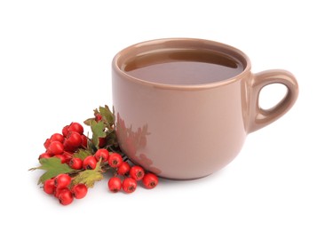 Photo of Aromatic hawthorn tea in cup and berries isolated on white