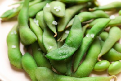 Photo of Green edamame beans in pods with salt on plate, closeup