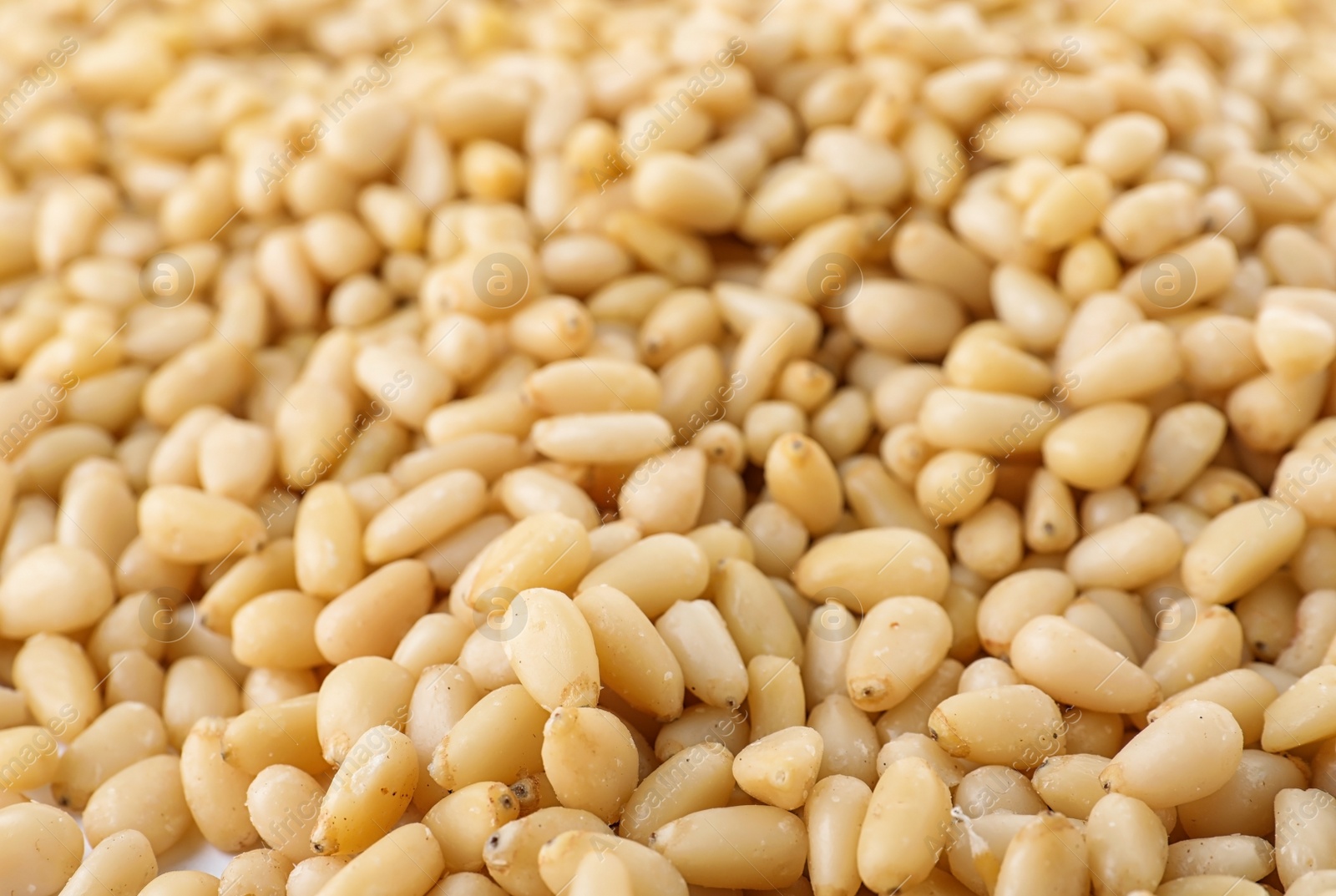 Photo of Pile of pine nuts as background, closeup