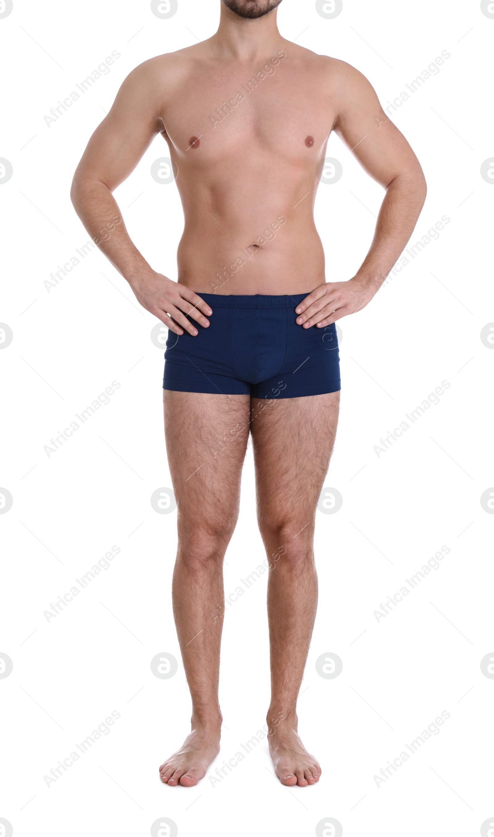 Photo of Young man on white background, closeup. Weight loss