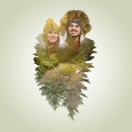 Double exposure of happy couple and natural scenery on light background