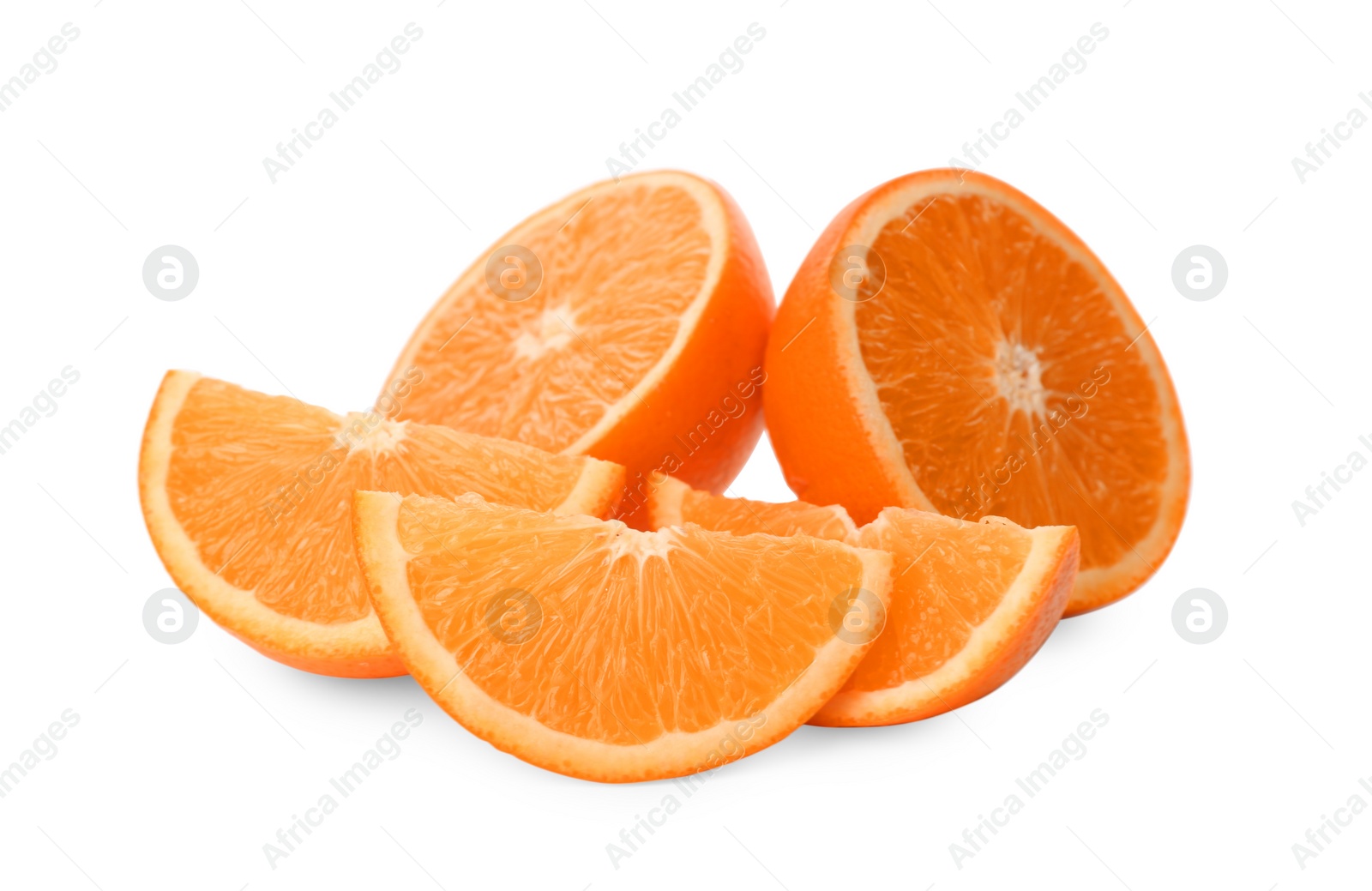 Photo of Cut fresh ripe oranges on white background