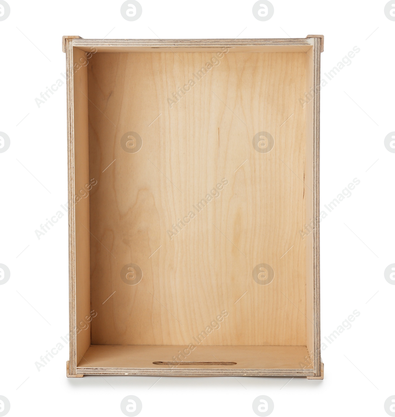 Photo of Wooden crate on white background, top view. Shipping container