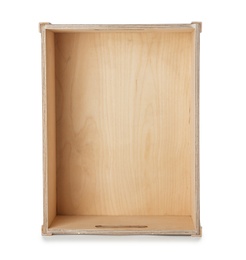 Photo of Wooden crate on white background, top view. Shipping container