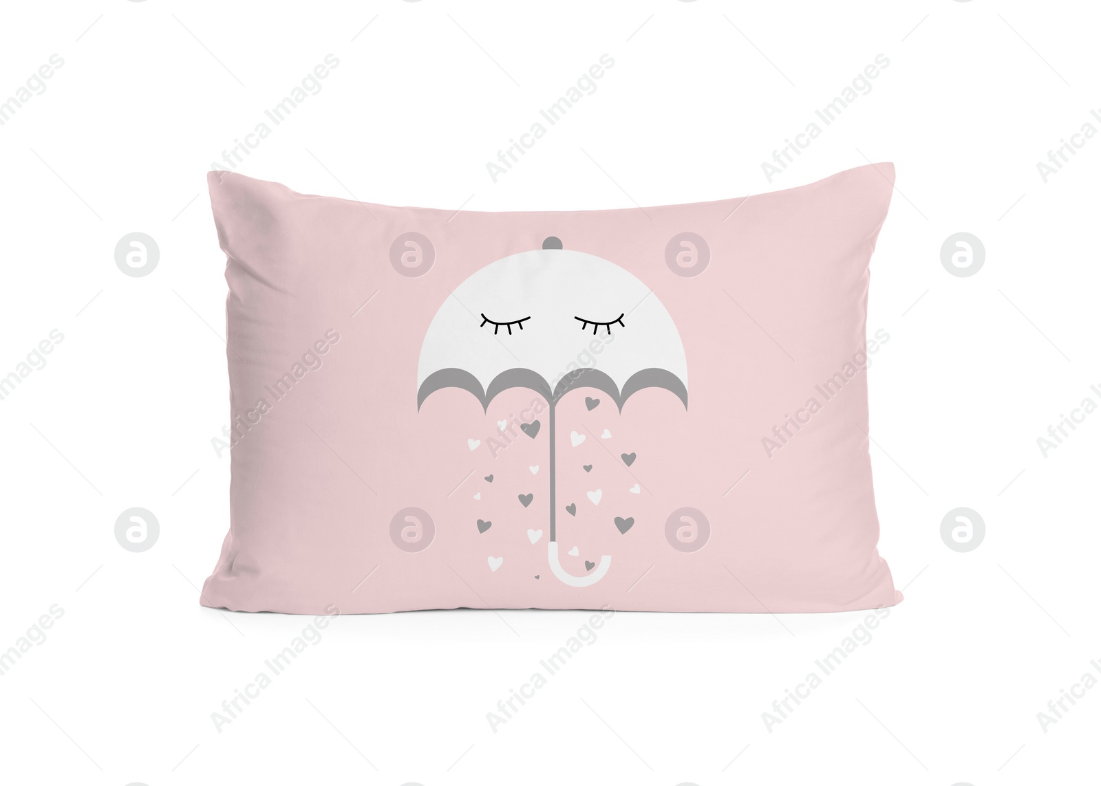 Image of Soft pillow with printed cute umbrella and hearts isolated on white