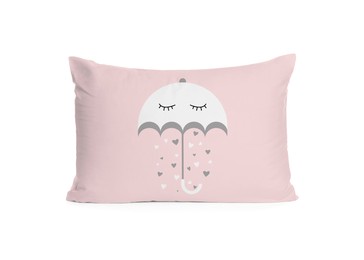Image of Soft pillow with printed cute umbrella and hearts isolated on white