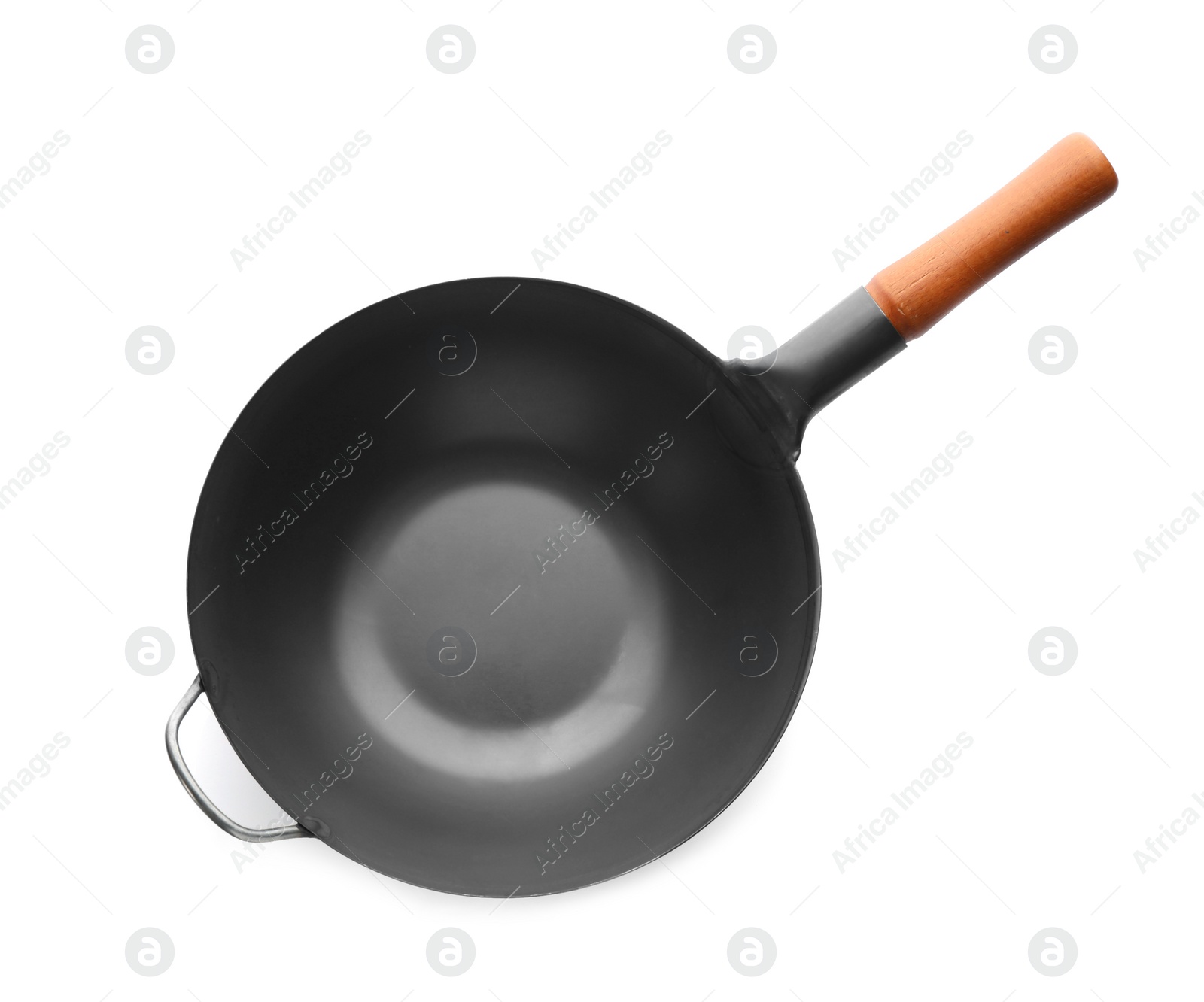 Photo of Empty iron wok isolated on white, top view. Chinese cookware
