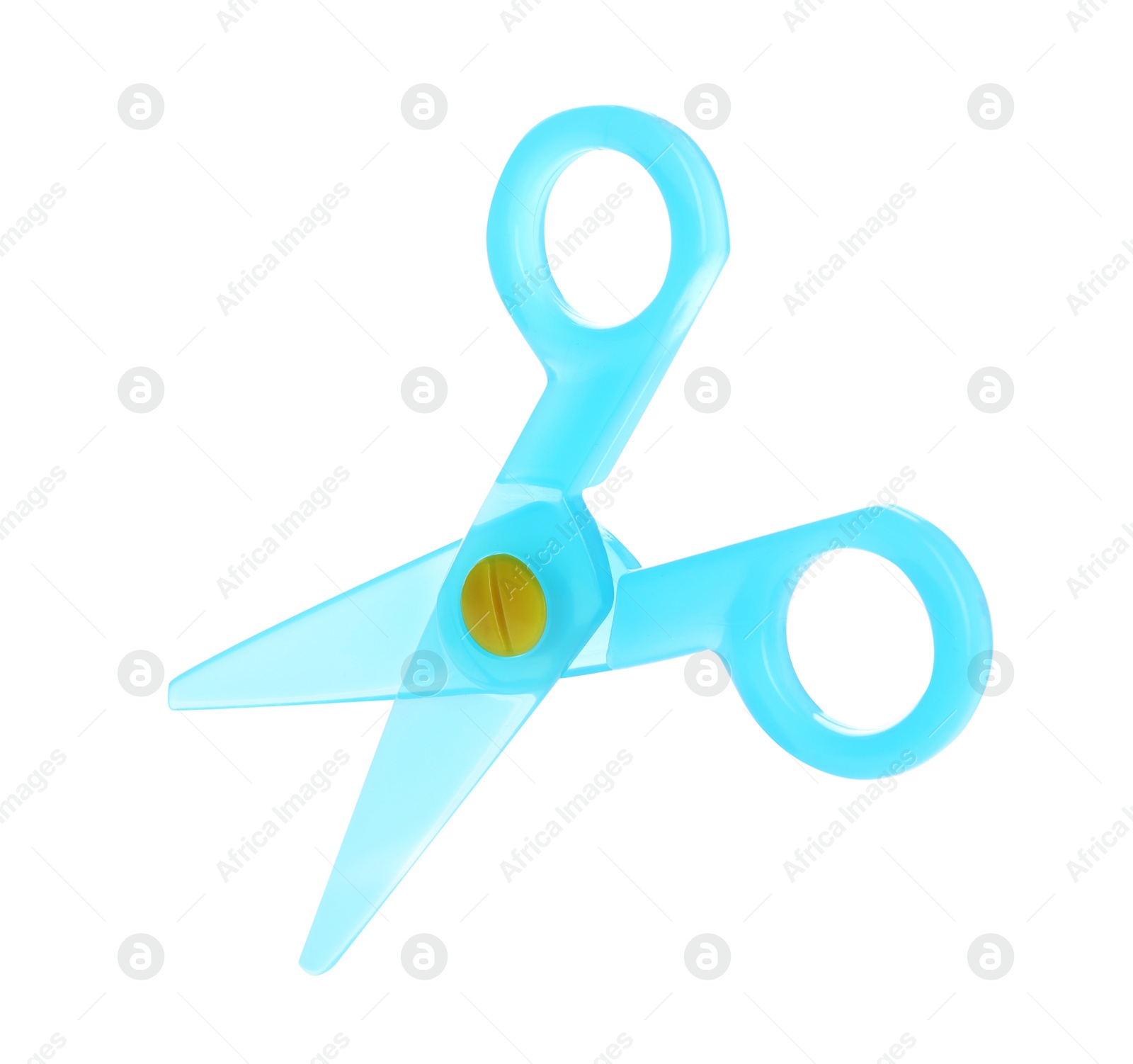 Photo of Colorful plastic scissors on white background. School stationery